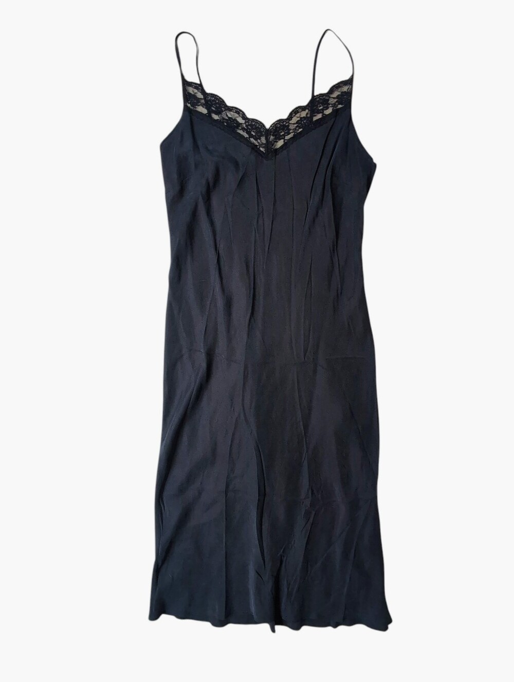 Vintage Y2K ECI New York Silk Dress Size 8 Matte Black Midi Slip Lace Trim Neck